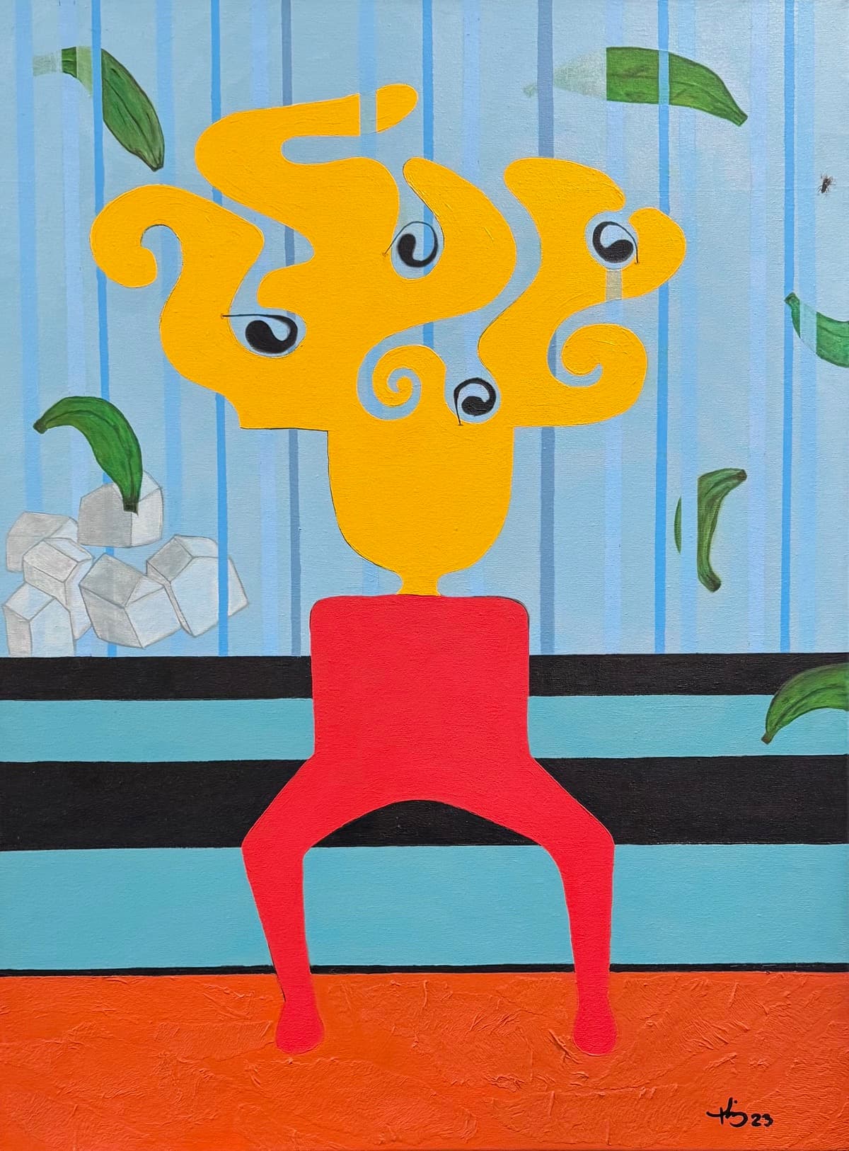 Acrílico surrealista de figura sentada en silla roja con cabeza amarilla llena de ojos en espiral sobre fondo azul a rayas con hojas verdes, obra 'La Pensante' de Thania Liz Rojo, 2023